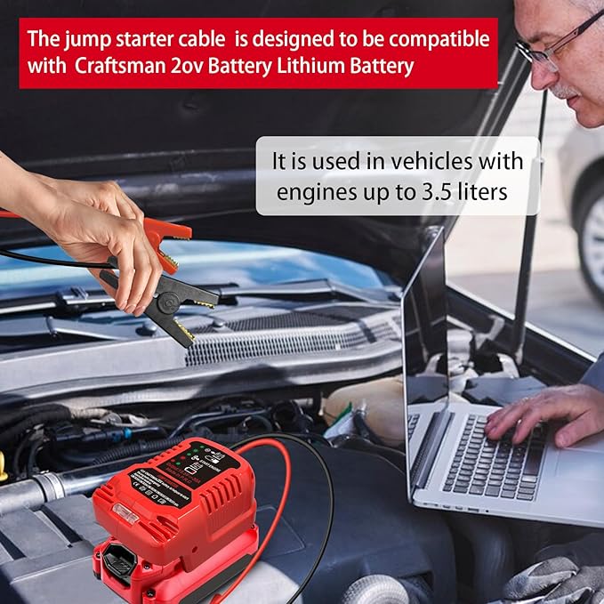 Jump Starter Adapter for Craftsman 20V V20 Battery, 11AWG 30A Auto Booster Cables, Portable Car Jump Starter for Up to 3.5L Engine, 12V Emergency Jump Box Using Power Tool Battery