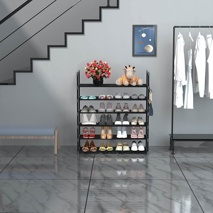 Hsscblet 6 Tiers Metal Shoe Rack,Adjustable Shoe Shelf Storage Organizer with Hooks,Stackable Boot & Shoe Storage,for Entrywa