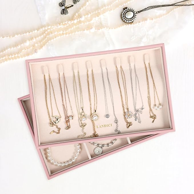LANDICI Stackable Jewelry Organizer Trays 4 Set,PU Leather Jewelry Organizer Drawer,Jewelry Storage Display Tray for Earring 