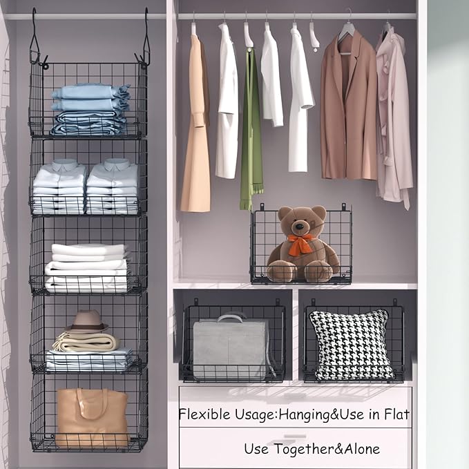 4 Tier Closet Hanging Organizer, Closet Organizers and Storage with 5 S Hooks, Closet Hanging Shelves & Freestanding Wire Sto