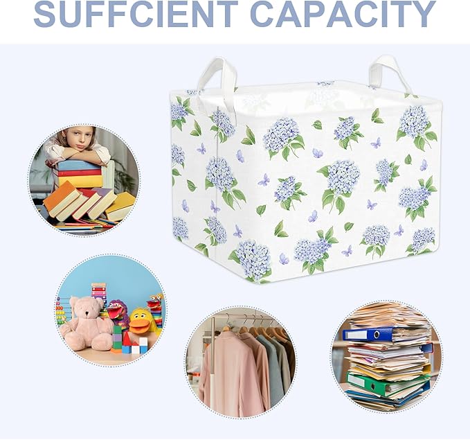 FYSUIMU Blue Floral Nursery Basket Spring Hydrangea Flower Collapsible Storage Box Waterproof Canvas Storage Bin with Handle 