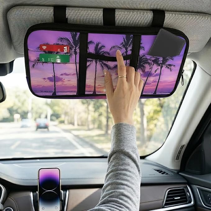 Car Sun Visor Organizer Sunset Palm Tree Car Sun Visor Storage Bag with Big Zipper Pocket Cars Accessories Easy Installation Suitable for Cars SUV