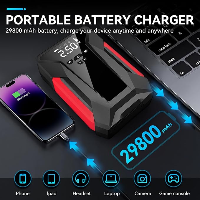 Jump Starter with Air Compressor,4000A Portable Car Battery Jump Starter (10L Gas/8.5L Diesel), 12V Battery Charger