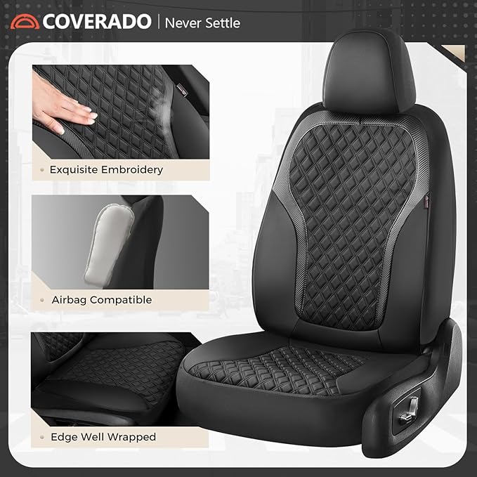 Coverado Seat Covers Full Set, Luxury Leather Car Seat Cover with Carbon Fiber Accents Design, Spill-Proof Durable Black Auto
