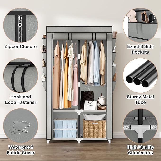 Portable Closet for Hanging Clothes, Portable Wardrobe Closet with Cover, 4 Storage Shelves, 2 Hanging Rods and 8 Side Pocket