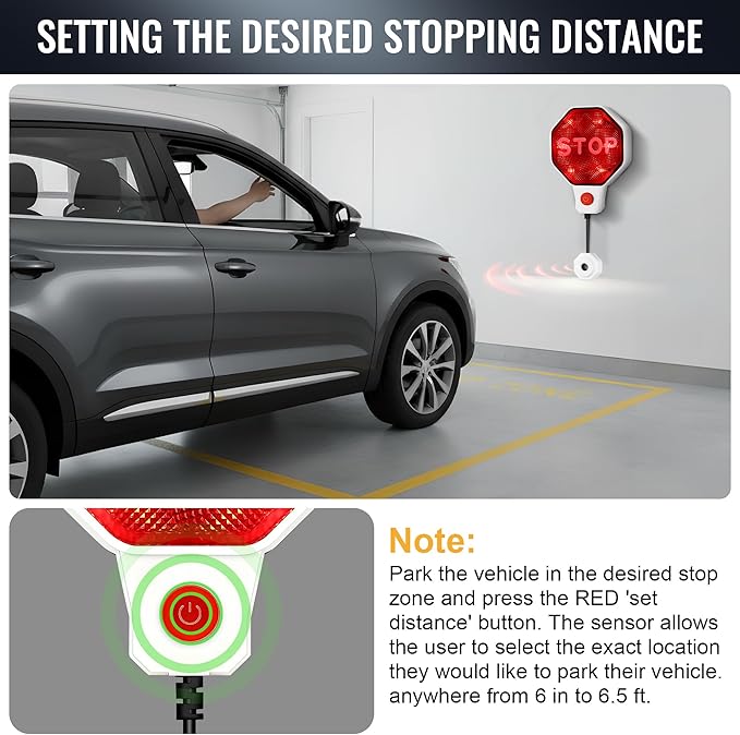 1 Pack Adjustable Garage Parking Sensor with LED Display – No-Drill Parking Aid for Cars, SUVs & Pickups, Set Stop Distance 6