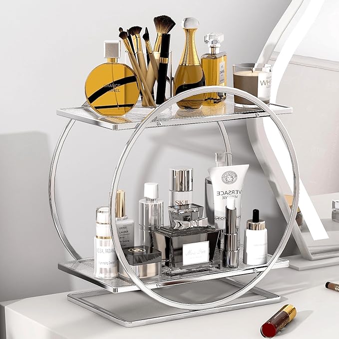 Perfume Organizer for Bedroom Dresser- Sliver Makeup Organizers for Vanity, 2 Tier Bathroom Countertop Organizer Perfume Tray