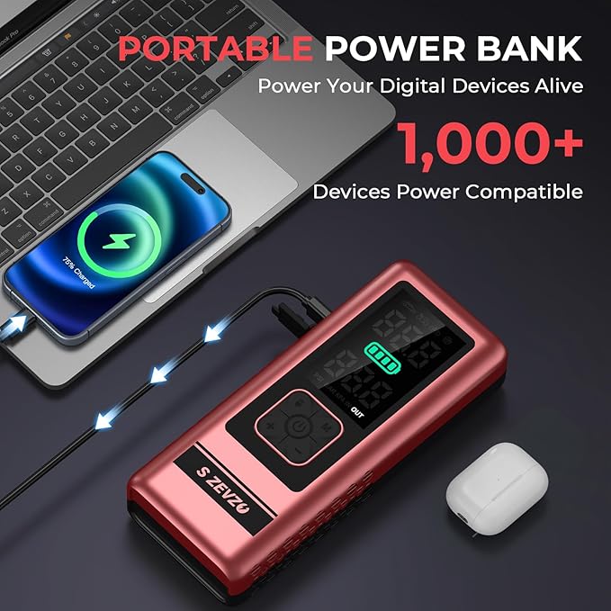 S ZEVZO Car Jump Starter with Air Compressor, 4000A 150PSI Jump Box Battery Pack(6.0 Gas/4.0L Diesel), Portable 12V Jump Box with Auto-Shutoff Tire Inflator, USB Ports, LCD Display & LED Light