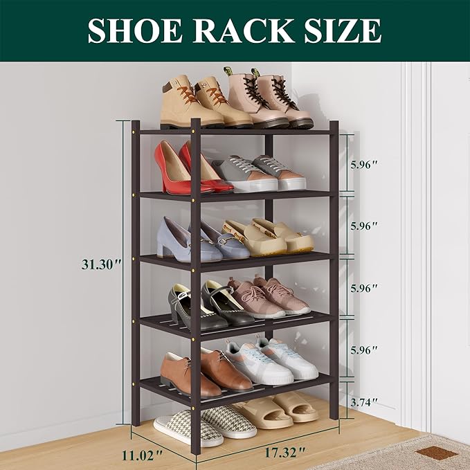 Smiry Small Bamboo Shoe Rack 5-Tier, Stackable Wooden Shoe Organizer for Entryway & Closet, Free Standing Wood Shoe Storage S