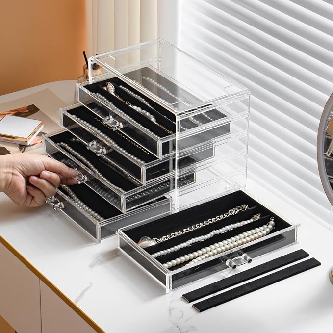 YUFONG Necklace Holder Organizer, Dustproof Necklace Box Velvet Necklace Organizer Box with Lid Clear Acrylic Dustproof Stack