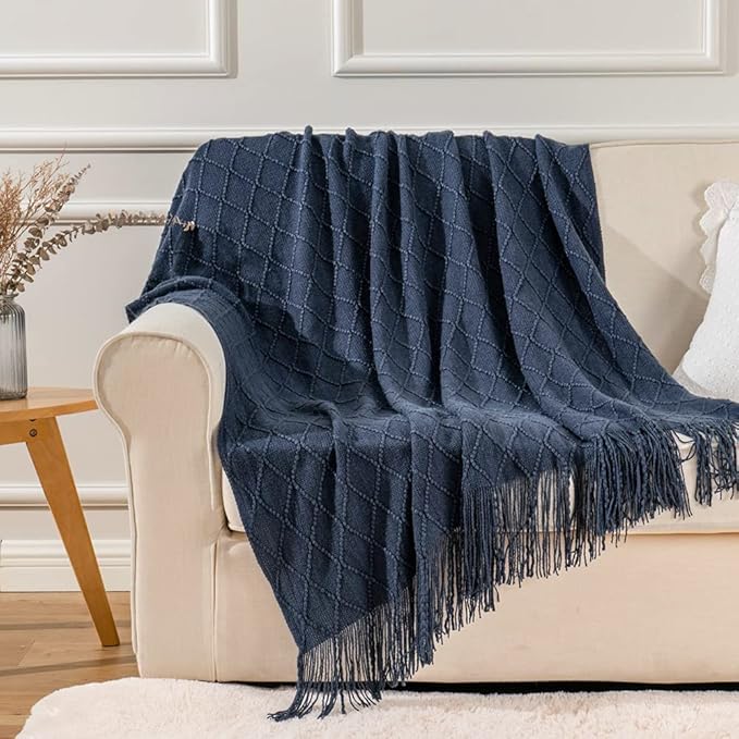 BATTILO HOME Navy Blue Throw Blanket with Fringe, Geometric Bed Blue Throws, Spring Decorative Large Throw for Couch Sofa Ind