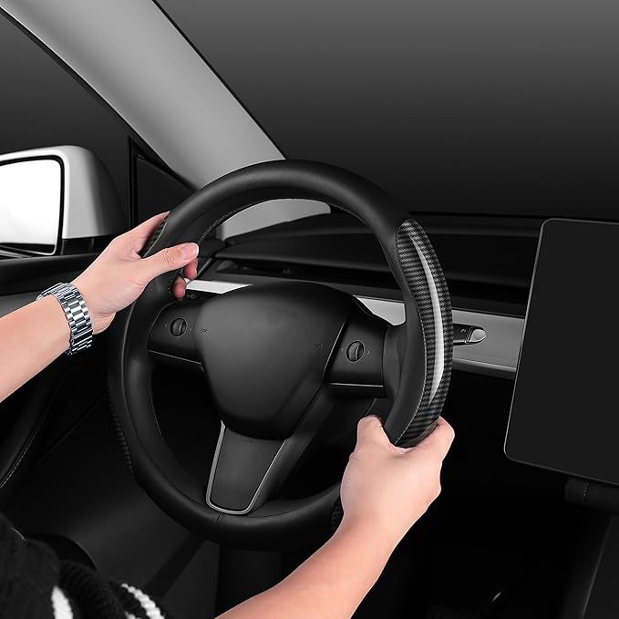 Nappa Leather car Steering Wheel Cover,Carbon Fiber Sports car Interior Non-Slip Ultrathin 15 inches Universal (Black)