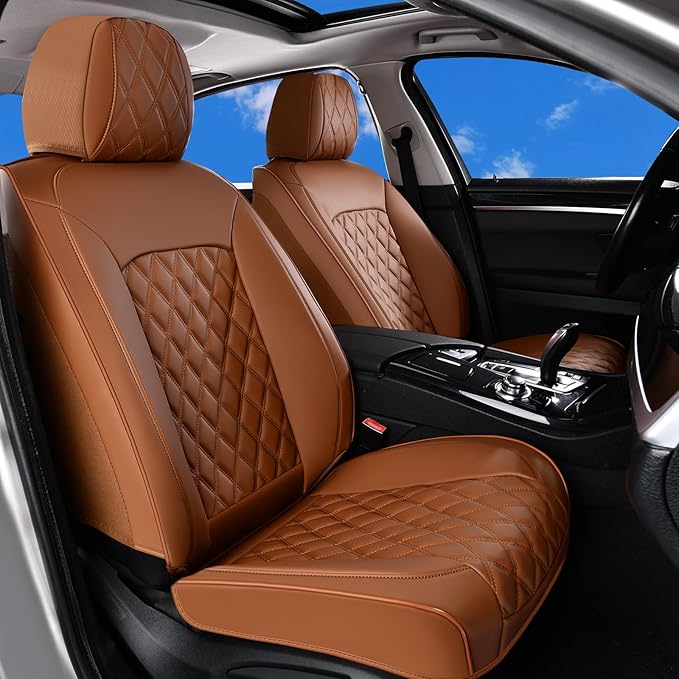 Huidasource Brown Front Seat Covers, Nappa Leather Front Car Seat Covers, Side Elastic Fabric, Compatible with Airbags, Seat 