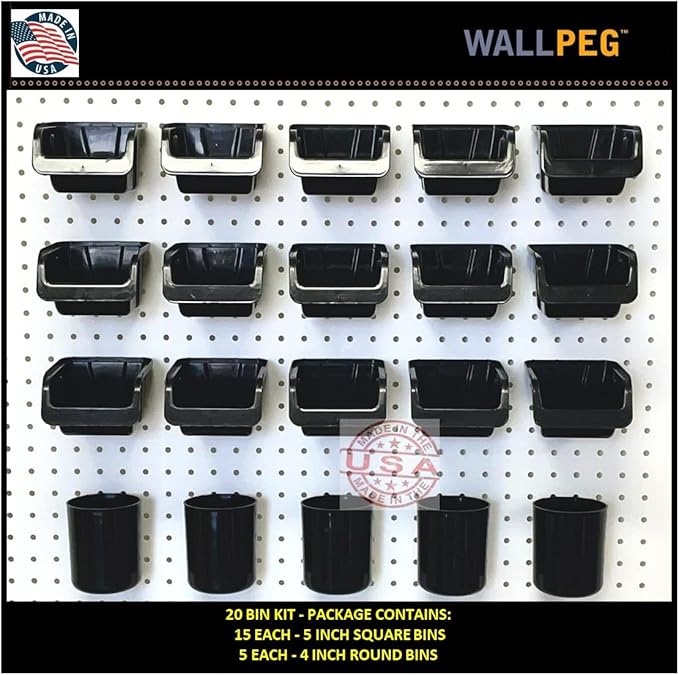 WallPeg Pegboard Bins & Cups - 15 each 5" Bins and 5 each 5" Cups - Hooks to Peg Board Panel Organize Hardware Arrange Access