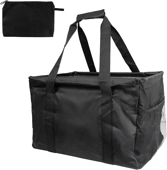 Extra Large Utility Tote Bag - Oversized Collapsible Tote with Wire Frame, Durable Reusable for Beach, Groceries, Laundry, Car Trunk, Storage and Travel - Includes 5x7 Bag with Hook - Black