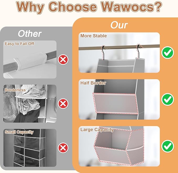 Hanging Closet Organizer 3 Shelf Collapsible Bedroom Closet Organizers and Storage Hanging with Mesh Pockets for Clothes, Fab