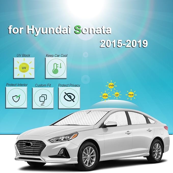 KMF 8pcs Thicken Car Window Shades for Hyundai Sonata Sedan 2015-2019 Accessories, Custom Windshield Sunshade Privacy Car Window Covers for Side Rear, Sun Visor UV Block and Blackout for Camping