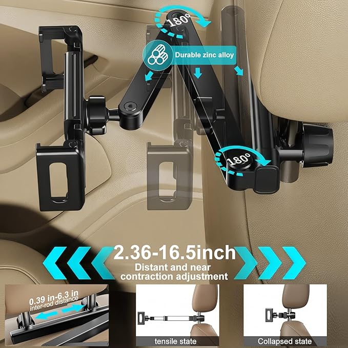 Car Headrest Tablet Holder - [Zinc Alloy Lockable Arm][Foldable Clip] Universal Car Tablet Mount Backseat, Car Accessories for Kids, for iPad Pro, Air, Mini, Galaxy, Fire HD, 4.7-13" Tablets