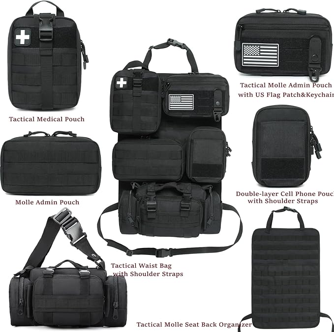 6 Pack Tactical Molle Car Seat Back Organizer - Tactical Vehicle Panel Organizer with 5 Detachable Molle Pouch,US Flag Patch