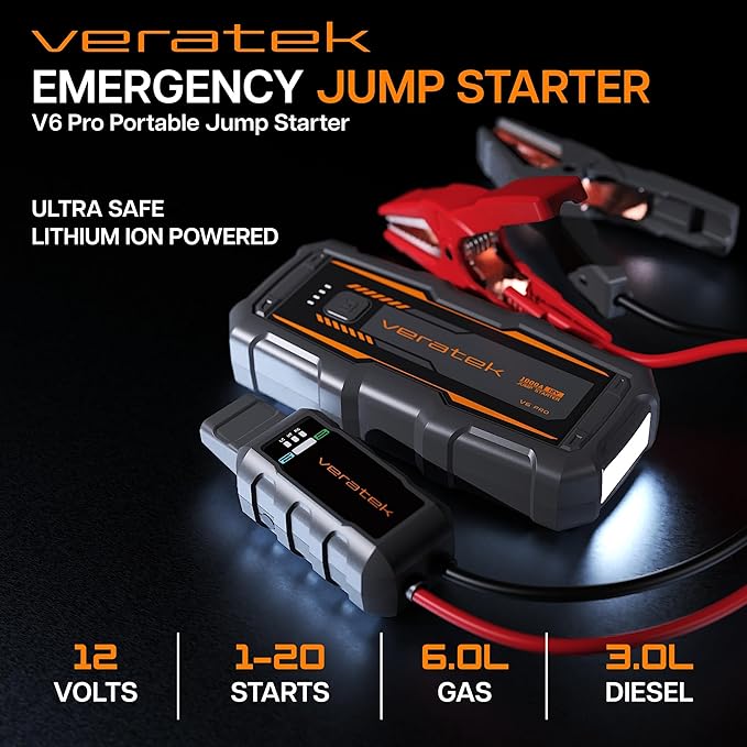 ReelCharge - Veratek V6 Pro 1000A Car Battery Jump Starter Portable (6.0L Gas & 3.0L Diesel) – 12V Lithium Battery Booster Pack with SmartCharge Safety, Jumper Cables, 10000mAh Power Bank, Jump Box.