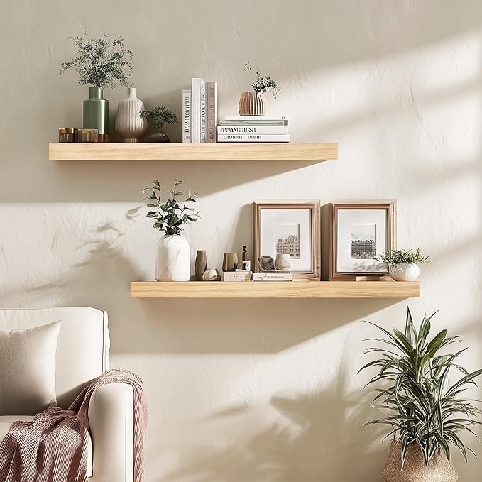 Floating Wall Shelves 30x6.8x1.7 Inch – Solid Wood Rustic Shelves in Natural Wood Finish – Wall Mounted Heavy Duty Display Sh