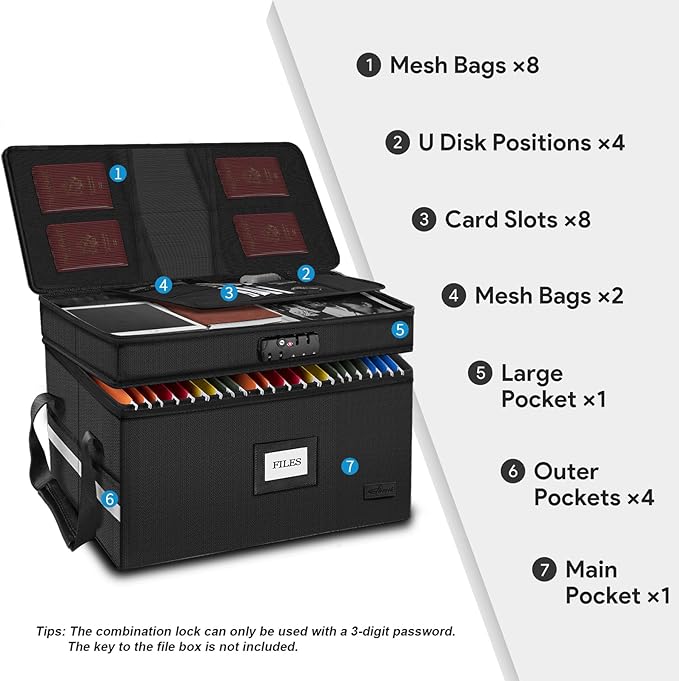 ETRONIK Large Fireproof Document Box with Lock, 2 Layer File Organizer, Portable Office Collapsible File Storage with Reflect
