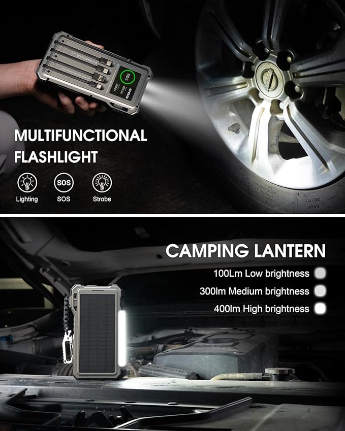 Solar Power Bank 44400 mWH, 45W Fast Charging with 4 Built-in Cables & Car Battery Jumper Starter Portable, 12V Battery