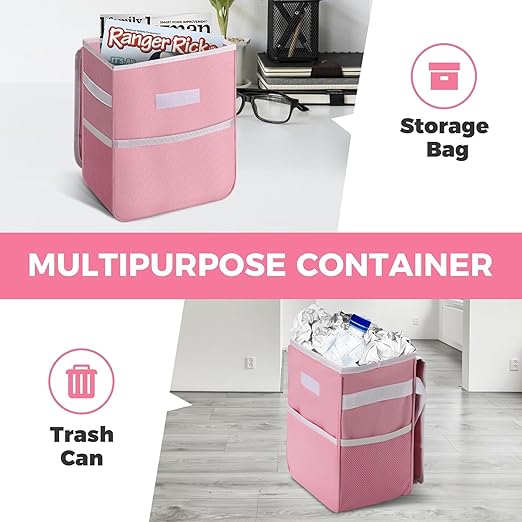 Simple Deluxe Car Trash Can with Lid and Storage Pockets, Multipurpose Garbage Bin with Adjustable Straps, Collapsible and Portable Organizer, 2 Gallon, Pink