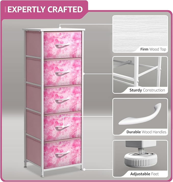 Sorbus Fabric Dresser for Kids Bedroom - Chest of 5 Drawers, Tall Storage Tower, Clothing Organizer, for Closet, for Playroom