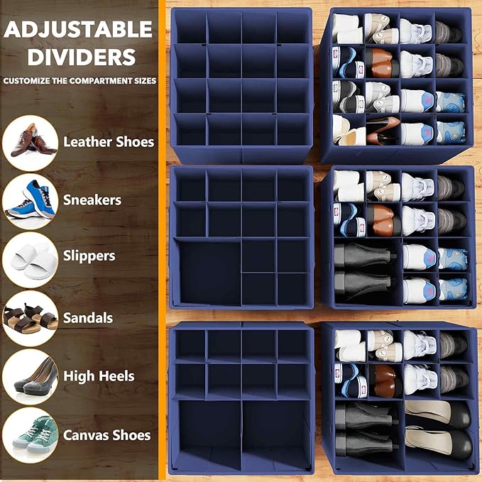SpaceAid Shoe Organizer for Closet, 2 Pack Foldable Shoe Storage Containers Baskets Boxes Bins w/Adjustable Dividers, Fits 16