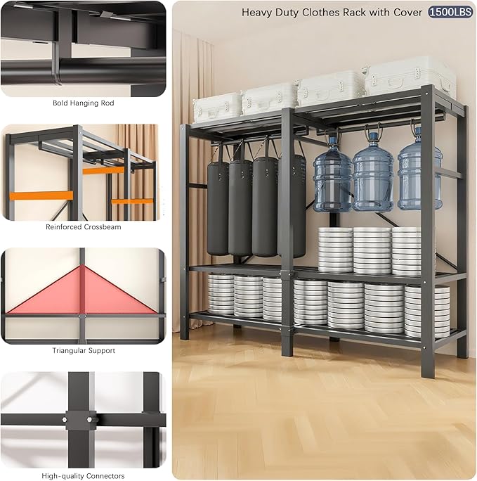 Garment Rack with Cover, Heavy Duty Portable Wardrobe Closet 2000LB, Foldable Clothe Rack with Wheel, Clothes Rack for Hangin