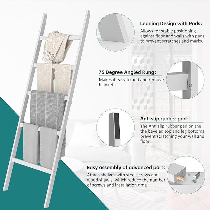 WTZ Bamboo Blanket Ladder, 5-Layer Towel Racks, Blanket Holder with Anti-Slip Construction Home Decor, Decorative Blanket, Qu