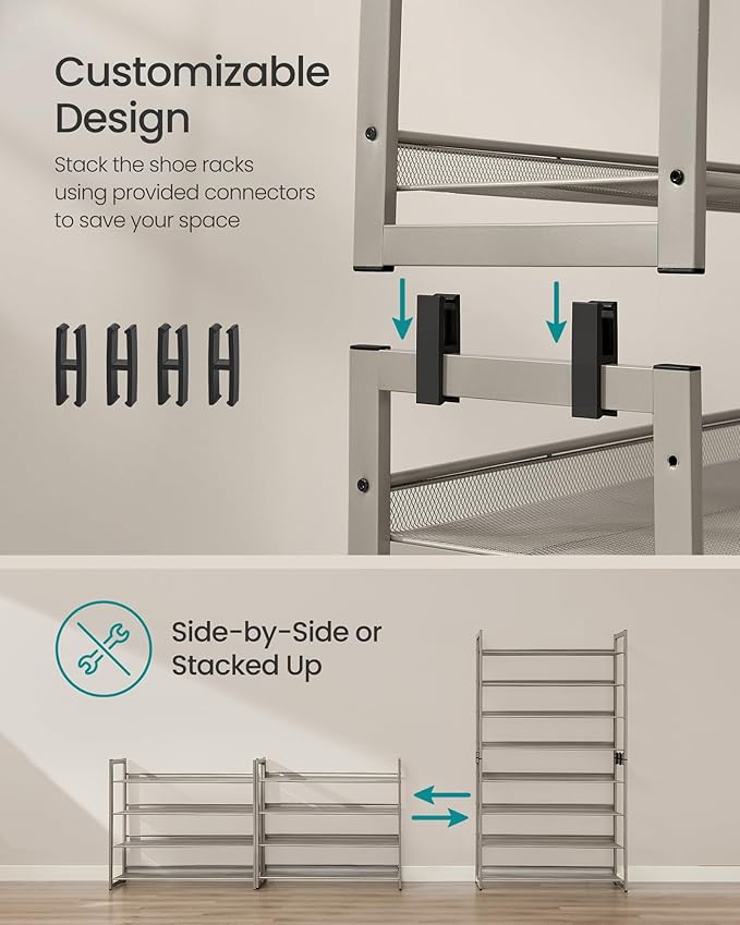 SONGMICS Shoe Rack, 8-Tier Shoe Organizer, Metal Rack for Garage, Set of 2, 4-Tier Stackable Shelf, with Adjustable Flat or A