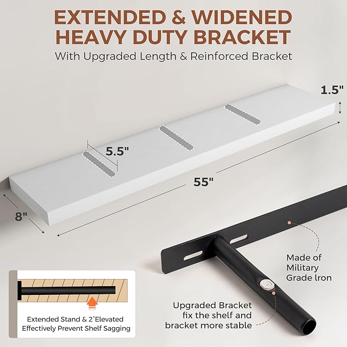 Dreamland 55 Inch White Floating Shelves for Wall,8 Inch Deep Floating Shelves,55" W x 8" D Wall Shelves for Bedroom,Living R