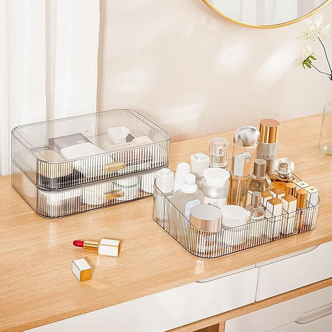Clear Makeup Organizer for Vanity, Large Desk Organizer with Stackable Drawers for Cosmetics, Skincare, Lipsticks, Eyeshadow 