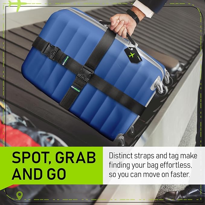Untethered Ultimate Travel Set: 4 Premium Luggage Straps and 4 Silicone Tags - Secure & Identify Your Bags with Ease (Black +