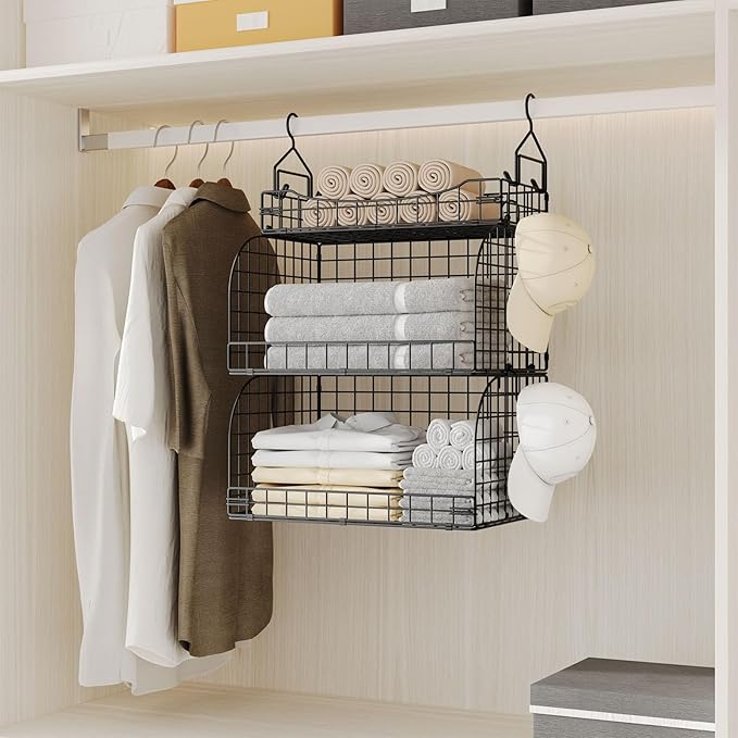 HapiRm Hanging Closet Organizer Storage - 3 Tier Metal Stackable Hanging Closet Shelves with Dividers and S Hooks, Foldable C