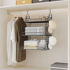 HapiRm Hanging Closet Organizer Storage - 3 Tier Metal Stackable Hanging Closet Shelves with Dividers and S Hooks, Foldable C