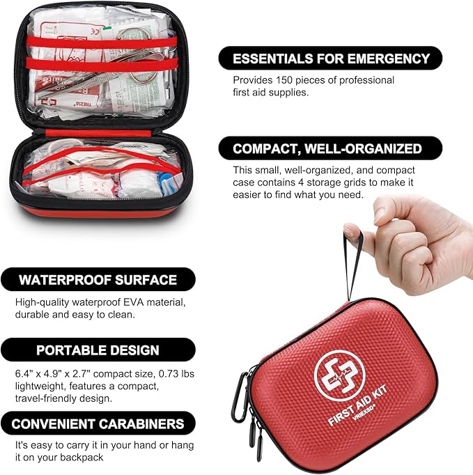 Mini First Aid Kit - 150 Piece Small Waterproof Hard Shell Medical Kit for Home, Car, Travel, Camping, Truck, Hiking, Sports,