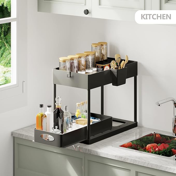 Under Sink Organizers and Storage, Bathroom Cabinet Organizer, Sink Shelf with Utility Hooks and Side Caddy for Under Cabinet