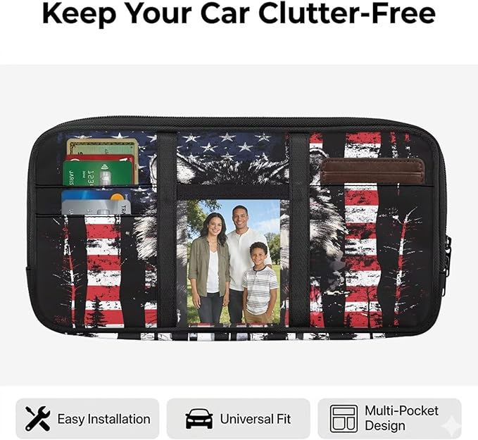 Wolf American Flag Car Sun Visor Storage Bag,Truck Visor Organizer Card Sleeve Pocket Document Holder for Registration, Driving Licens