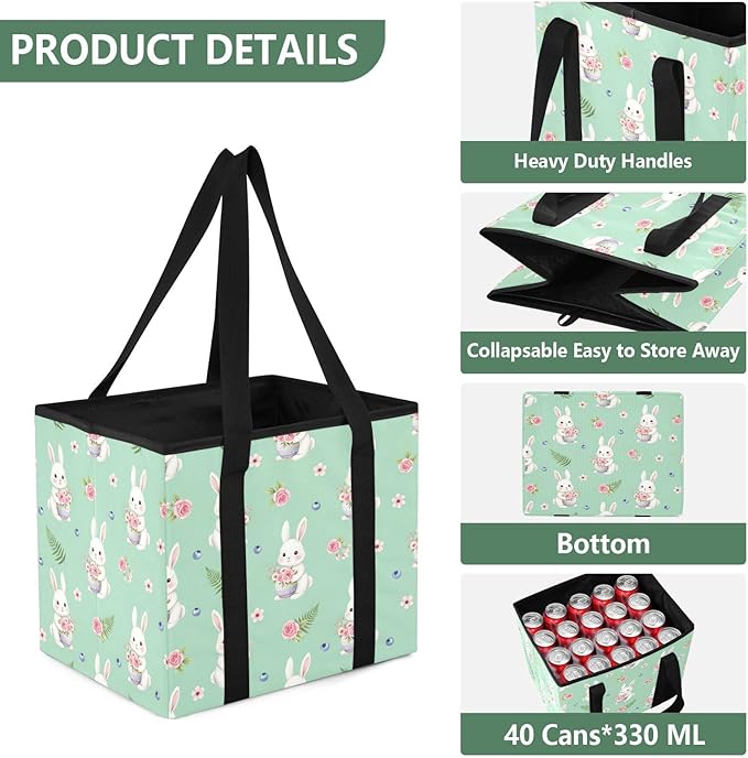 Bunny Floral Pattern Reusable Grocery Bags Large Shopping Tote Bag with Reinforced Bottom Board, Water Resistant Foldable Sto