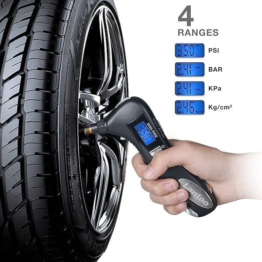 Digital Tire Pressure Gauge 150 PSI – 5-in-1 Emergency Tool for Cars, Trucks & Bikes – Includes Seatbelt Cutter, Window Breaker, LED Flashlight & Red Safety Light - 1 Pack