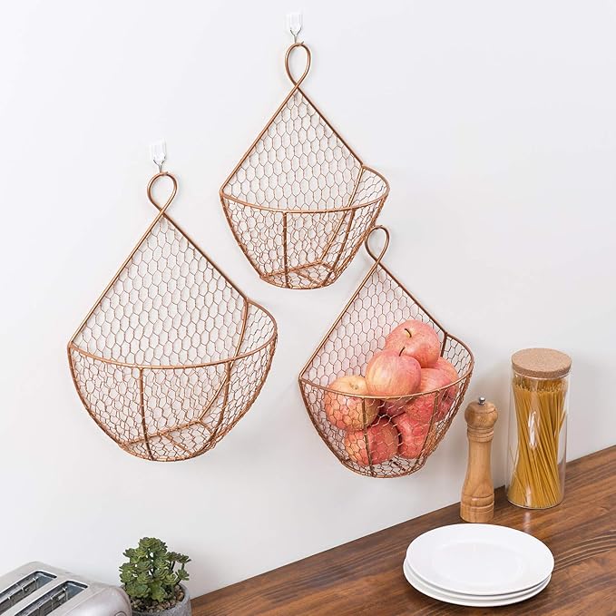 MyGift Set of 3, Farmhouse Copper Metal Wire Mesh Wall Hanging Baskets, Wall-Mounted Storage Basket, Decorative Kitchen Fruit