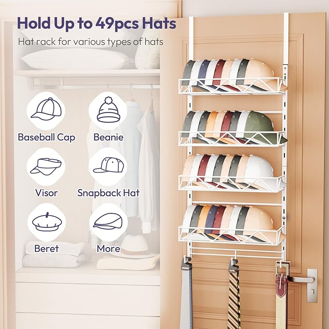 SWTYMIKI Over Door Hat Organizer - 5 Tier Wall Mounted Hat Rack with 4 Adjustable Metal Basket and 3 Hooks, Hanging Baseball 