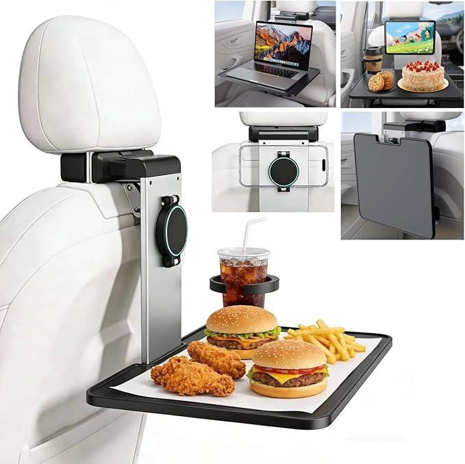 Car Back Seat Tray Table with Stable Metal Arm, Foldable Adjustable Backseat Desk for Rear Passengers, Travel Tray with Phone & Drink Holder for Road Trip, Eating, Working, Laptop & Tablet