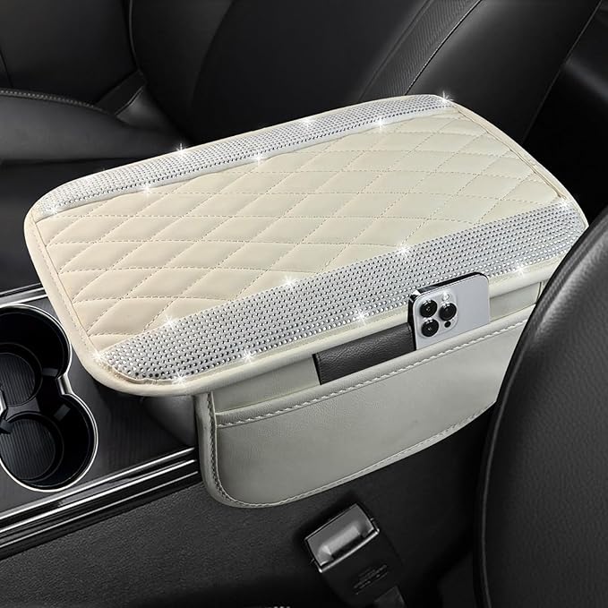 NBTEPEM Bling White Car Center Console Cover, Leather Car Arm Rest Cover with 2 Storage Bags, Universal Auto Armrest Protector Storage Box, Bling Accessories Interior for Most Vehicles