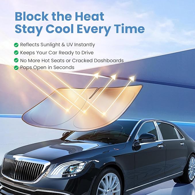 Windshield Sun Shade for Nissan Rogue 2021 2022 2023 2024 2025 2026 – Custom Fit Sun Shield with Mirror Cut‑Out, Blocks Heat & UV, Foldable with Storage Pouch - Nissan Rogue Windshield Sunshade