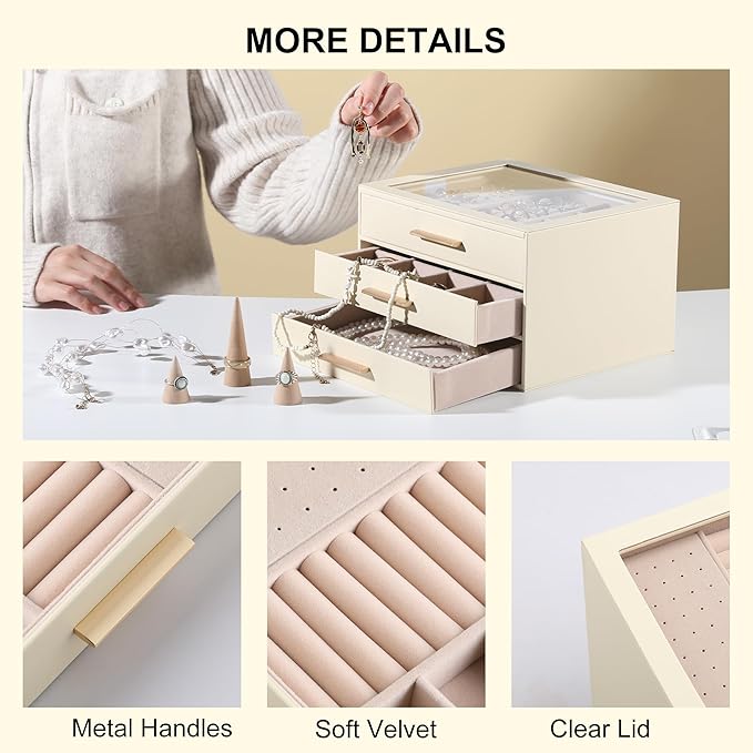 Frebeauty Clear Lid Jewelry Box,3-Layer Jewelry Organizer with Drawer,PU Leather Jewelry Organizers and Storage,Jewelry Boxes