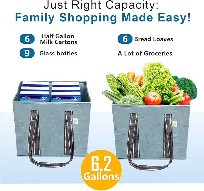 VENO 3 Pack Reusable Grocery Bags, Shopping Bags for groceries, Utility Tote with Handles and Hard Bottom, Foldable Shopping Cart Organizer, Water Resistant, Heavy-Duty (Light Blue, 6 Gallon)